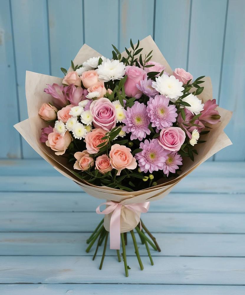 Букет цветов из: Хризантемы, Розы и Альстромерии в поселок Карьероуправления