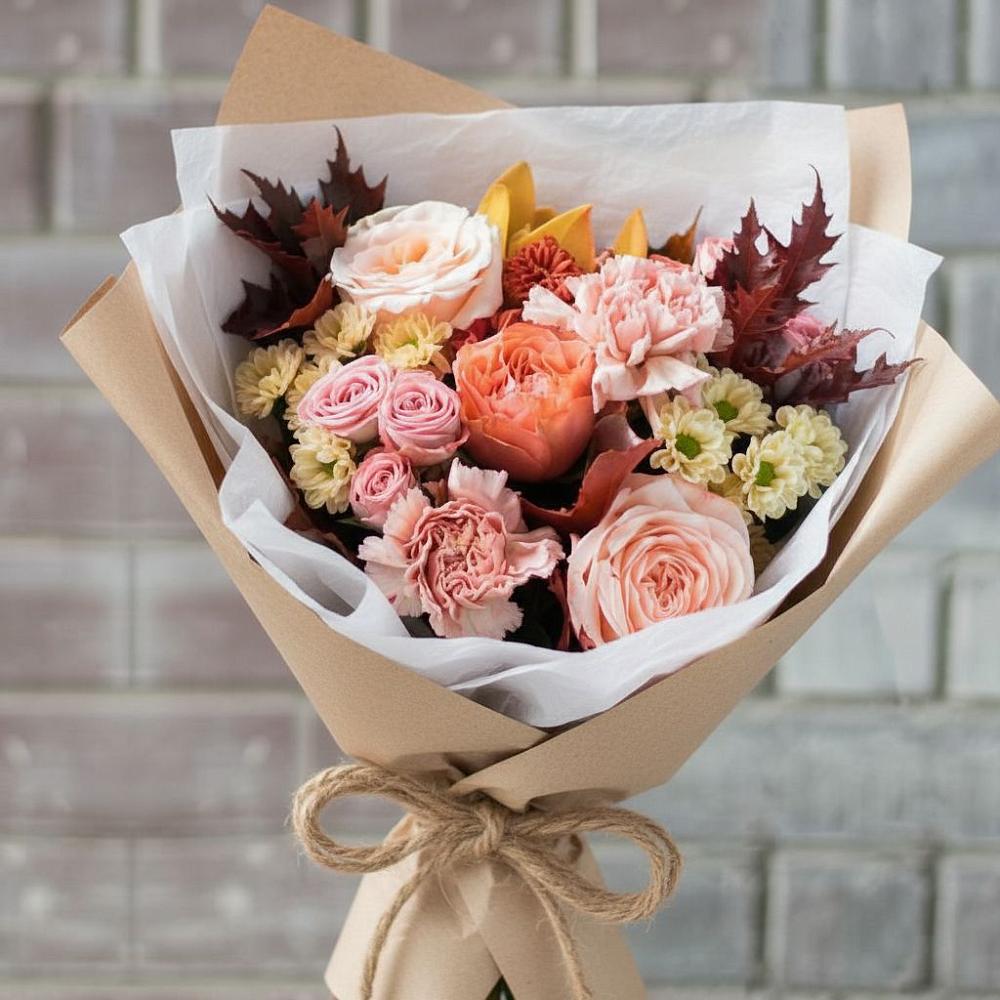 Букет цветов из: Гвоздики, Хризантемы и Розы в поселок Карьероуправления