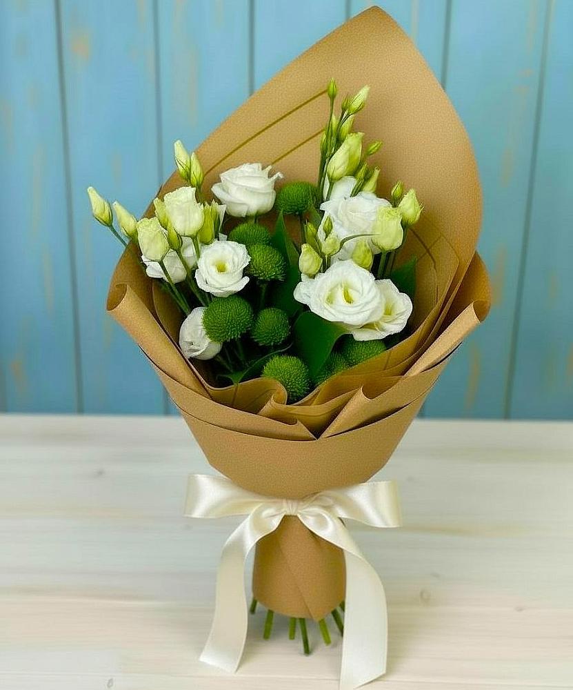 Букет цветов из: Хризантемы и Лизиантусы в поселок Карьероуправления