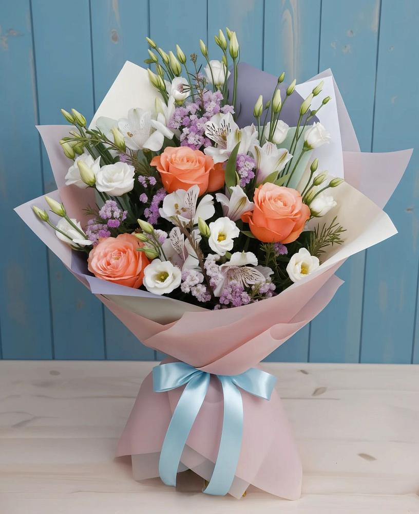 Букет цветов из: Лизиантусы, Розы, Альстромерии и Гипсофила в поселок Карьероуправления