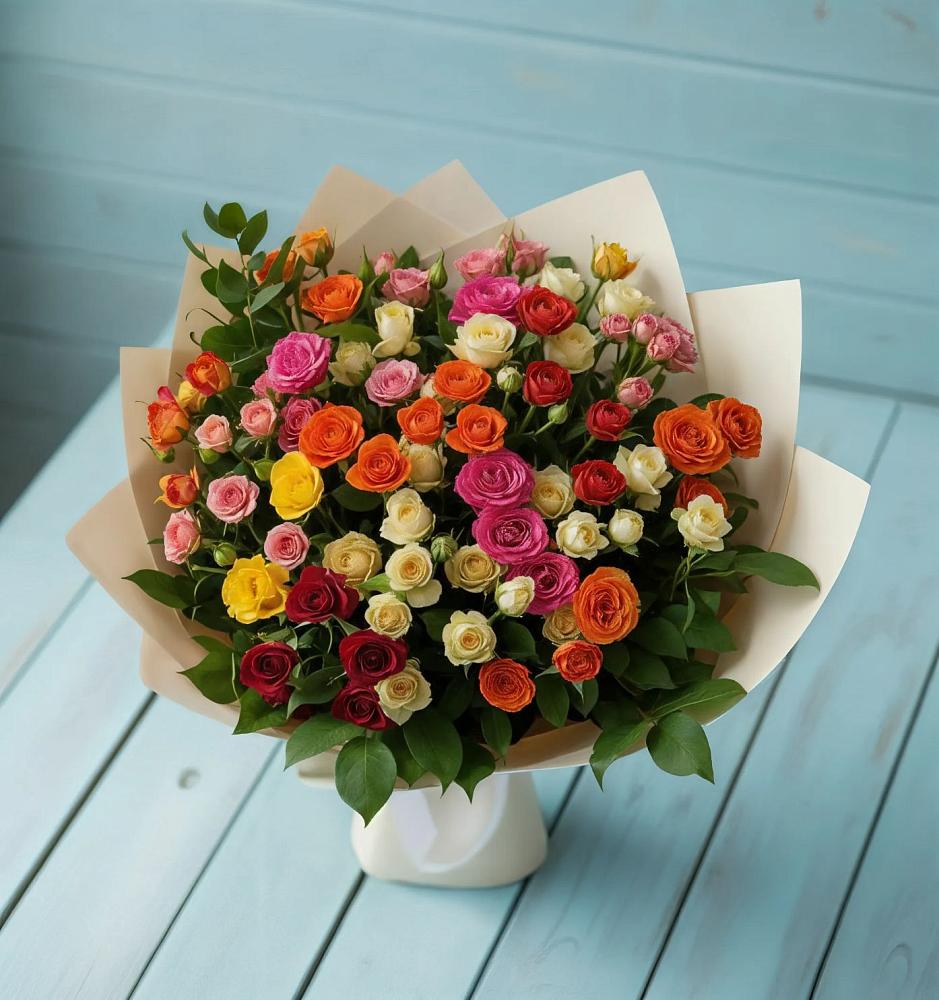 Букет Микс из разноцветных кустовых роз в поселок Карьероуправления