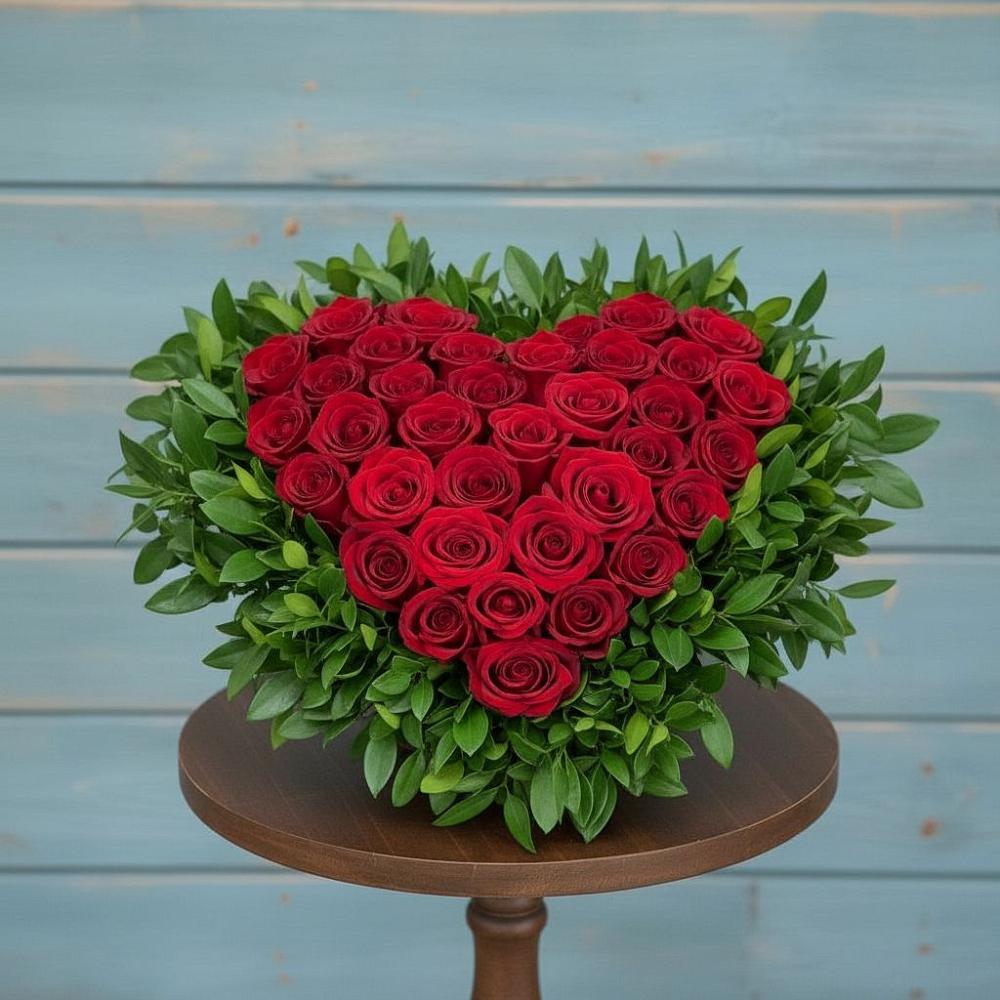 Цветочная композиция из Розы в виде сердца в поселок Карьероуправления