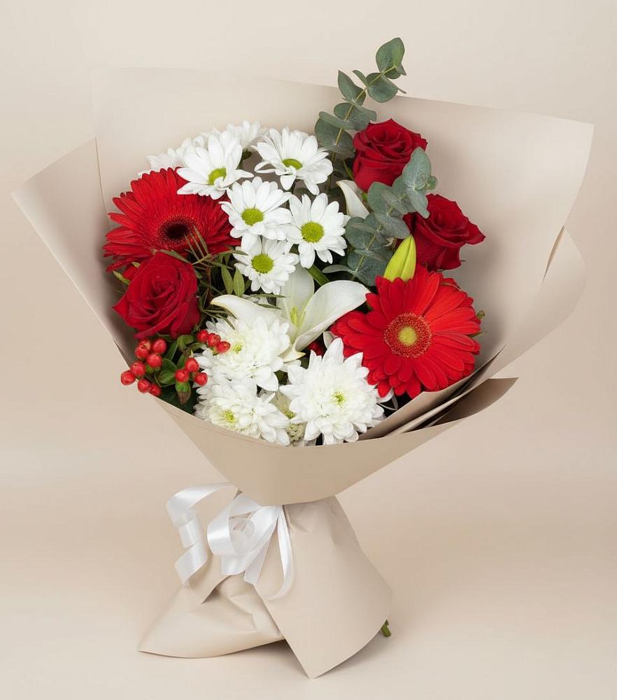 Букет цветов из: Розы, Хризантемы, Герберы и Лилии в поселок Карьероуправления