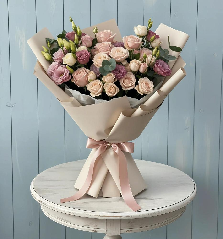 Букет цветов из: Розы и Лизиантусы в поселок Карьероуправления