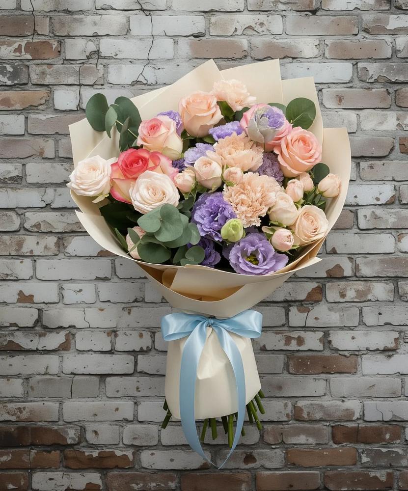 Букет цветов из: Розы, Лизиантусы и Гвоздики в поселок Карьероуправления