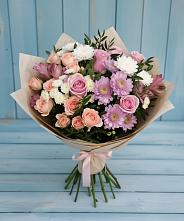 Букет цветов из:  Хризантемы, Розы и Альстромерии в поселок Карьероуправления