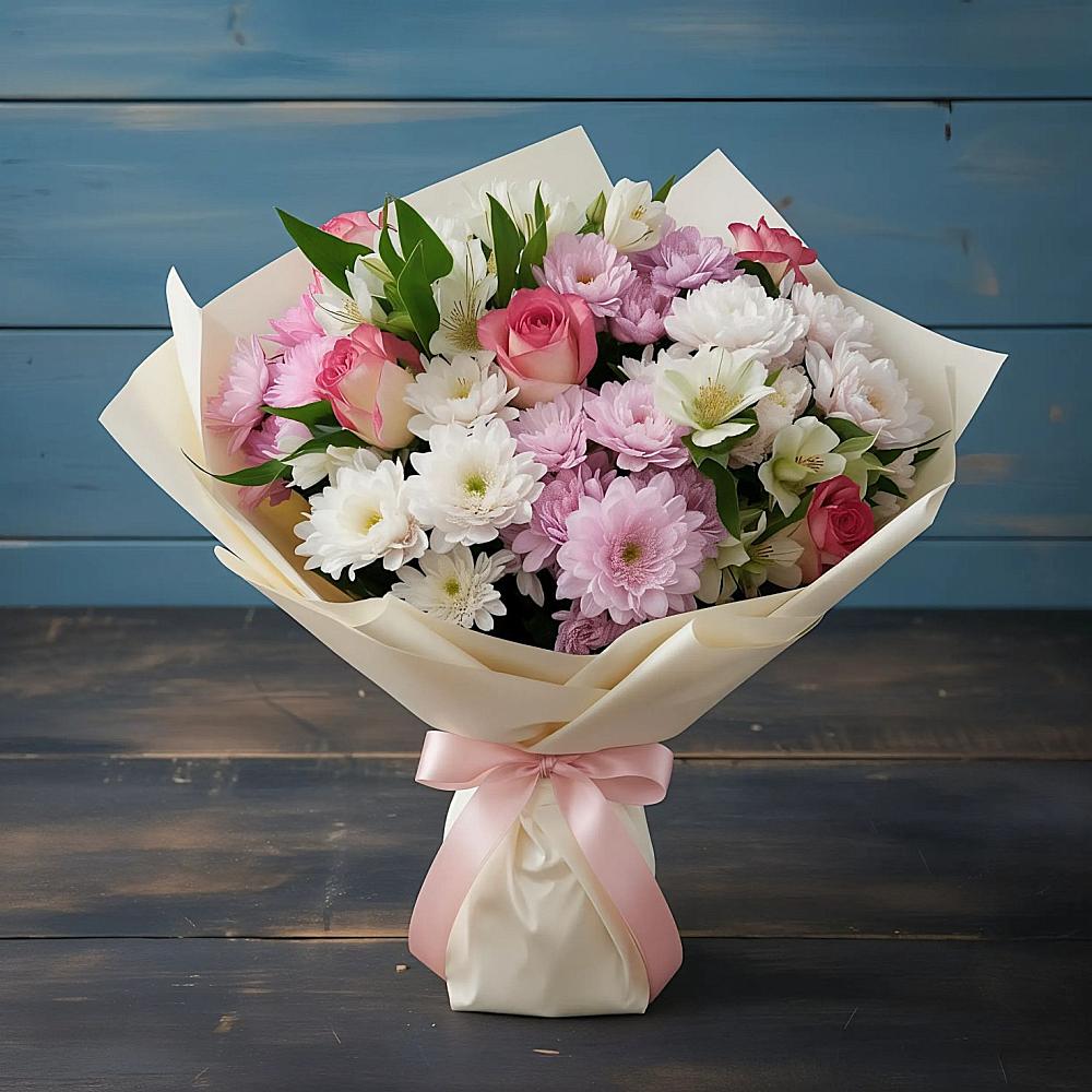 Букет цветов из: Хризантемы, Альстромерии и Розы в поселок Карьероуправления